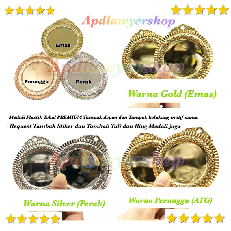 Medali Plastik Emas Perak Perunggu Plus Stiker + Tali Medali + Ring Medali Satuan Mendali Medali Kej
