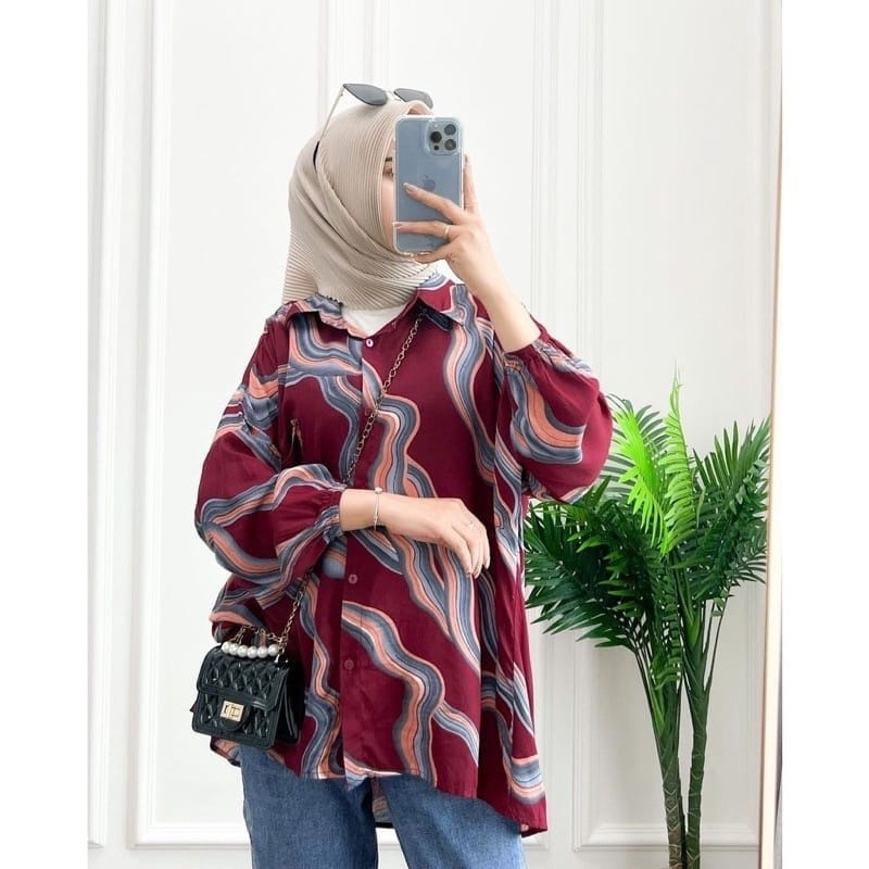 Kemeja Oversize Rayon Viscos Motif Adem Atasan Wanita Jumbo Full Kancing OOTD Wanita Terlaris