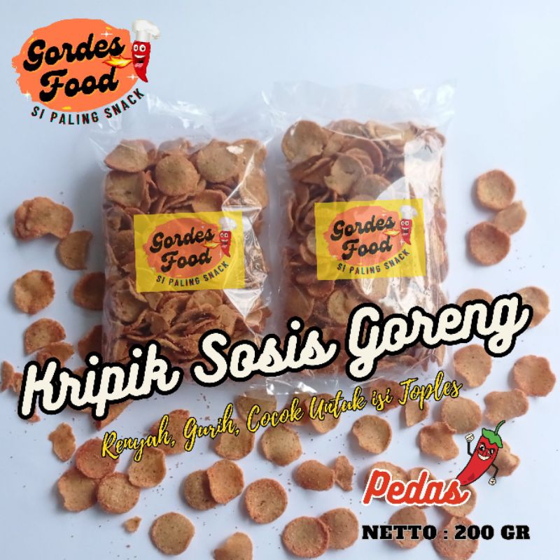 

Keripik Sosis Goreng (SOSRENG) Gordes Food Rasa Pedas Aroma Ikan Tongkol Netto 200 gram (KRISPI TERLARIS)