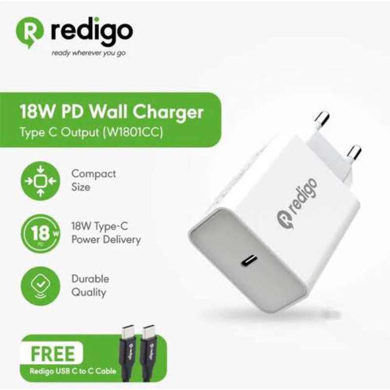 Adaptor REDIGO 18W PD Wall Charger Free REDIGO Cable USB C To C Garansi Resmi REDIGO 1 Bulan