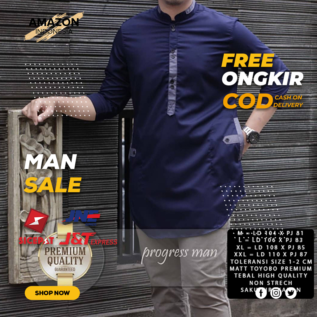 BAJU KOKO ATASAN MUSLIM PRIA WARNA BIRU DONGKER NAVY MODEL PANJANG LENGAN 3/4 BAHAN TOYOBO PREMIUM IMPORT