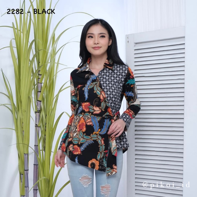 Baju batik lengan panjang / atasan batik kimono modern berkerah / seragam baju batik hijab 2282