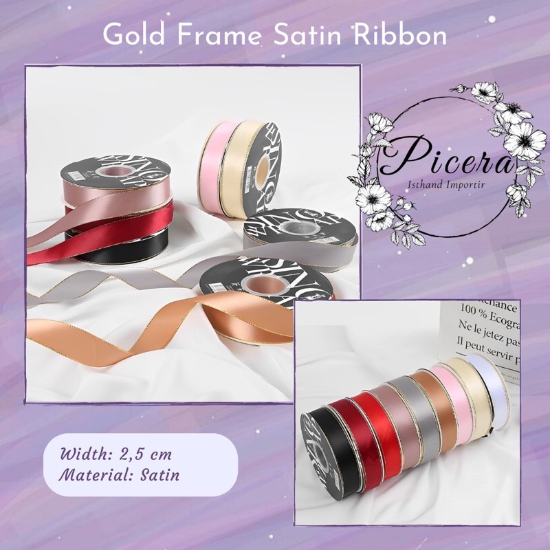 

[SIZE 2,5 CM X 35 YARD] 1 Roll Satin Ribbon Import Frame List Gold Premium Quality Flower Bouquet Pita Polos Emas Buket Bunga Glossy Gulung Berkualitas Bagus Ecer Satuan Satu Rol Gulung