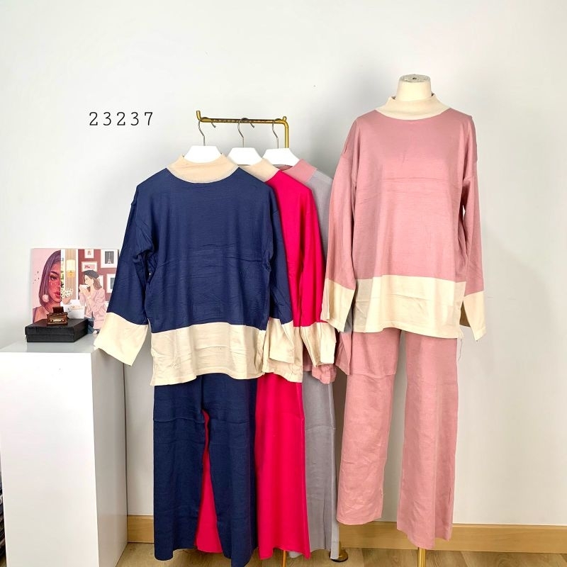 23237 One Set Rajut Polos Premium Two Tone Color / One Set Rajut Premium Kekinian Import