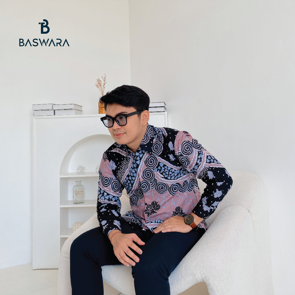 Baswara Batik Pria Lengan Panjang Pink Biru Hitam A60