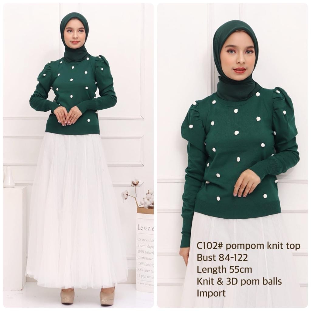 Pompom Knit Top Blouse Rajut Wanita model Pompom HOPYLOVY