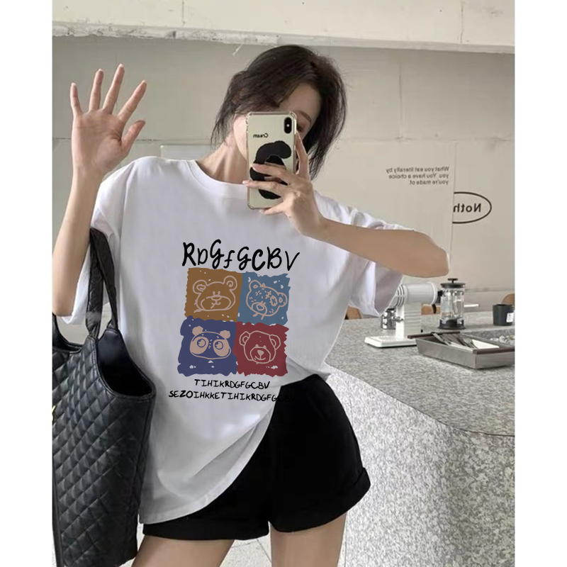 kaos wanita korean style cartoon bear letter motif printed t-shirt import oversize lengan pendek kaos puith ootd