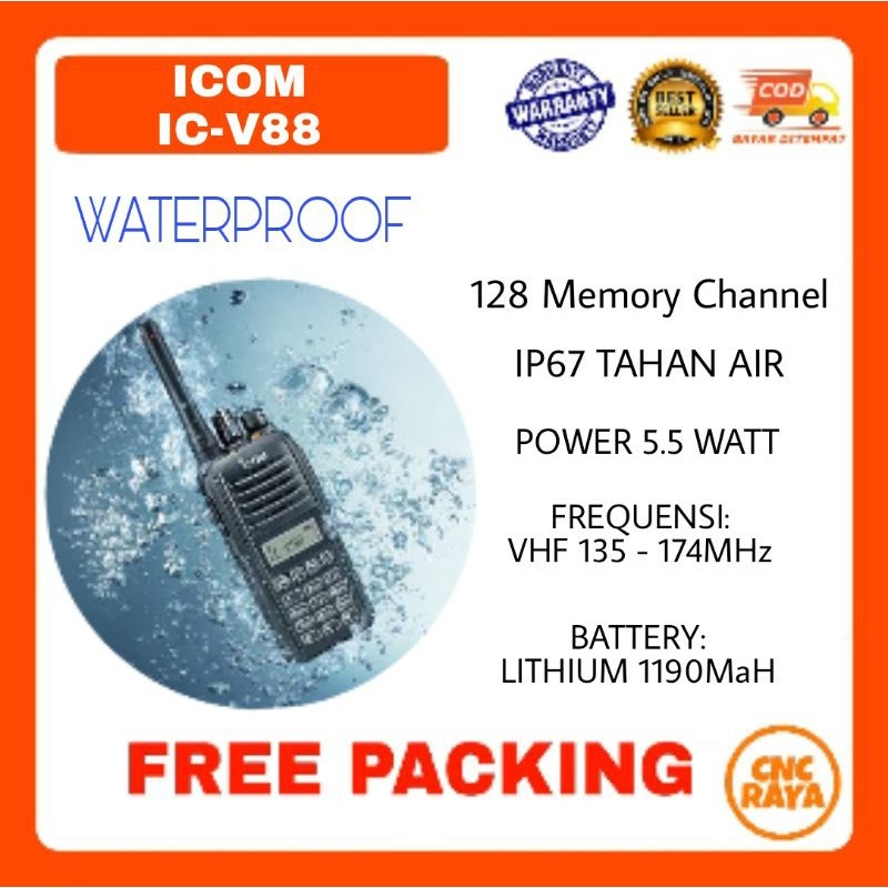 HT ICOM V88 Single band VHF (anti air) Garansi 1 Tahun Handy Talky  | H T IC V88 Singleband VHF (135-174MHz) tahan hujan Walkie Talkie | Hate Icom IC-V88 V 88 radio komunikasi Handie Talkie Walky Talky