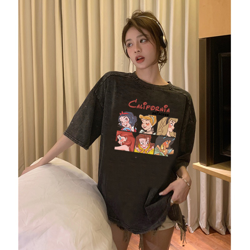 Korean Style 100% Katun Kaos Vintage Hitam Atasan Wanita Lengan Pendek Oversize Printed T-shirt