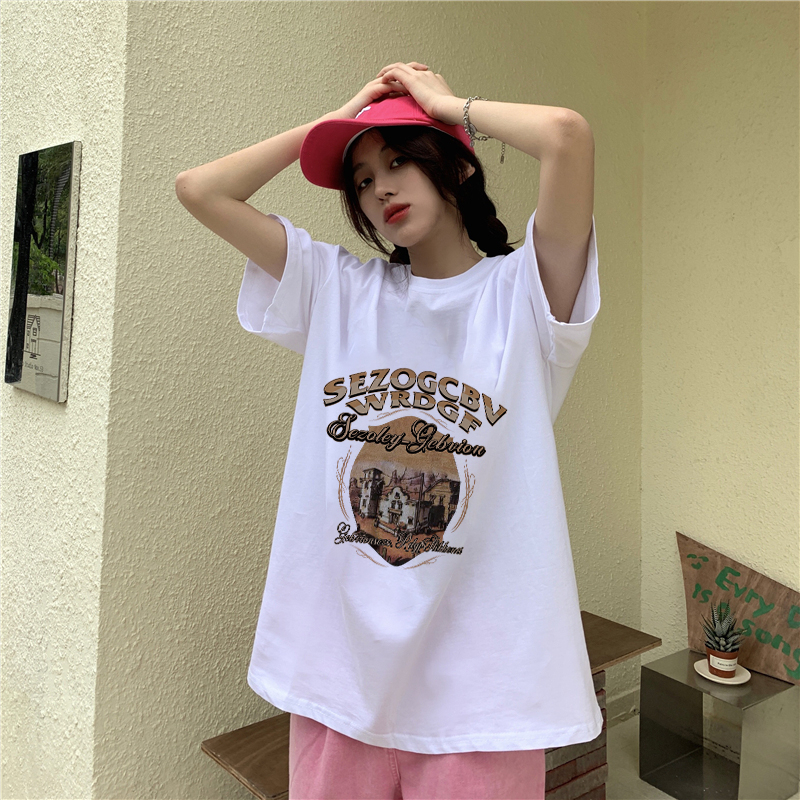 XiaoZhaiNv Kaos Atasan Oversize Wanita Retro House Pattern Lengan Pendek A0713