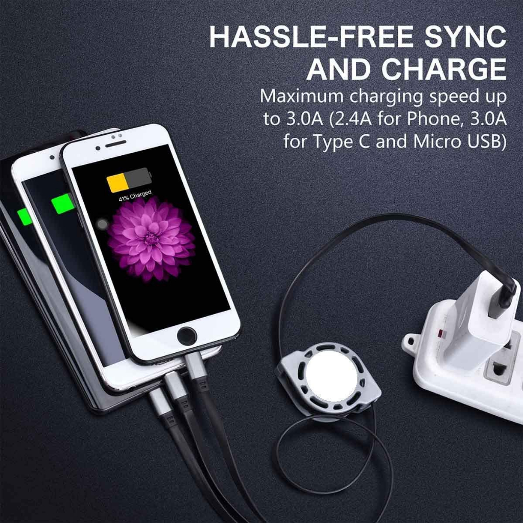 Kabel Charger 3 in 1 USB Type C Lightning Micro Retractable Cable Isi Daya Baterai Berbagai Perangkat Multifungsi