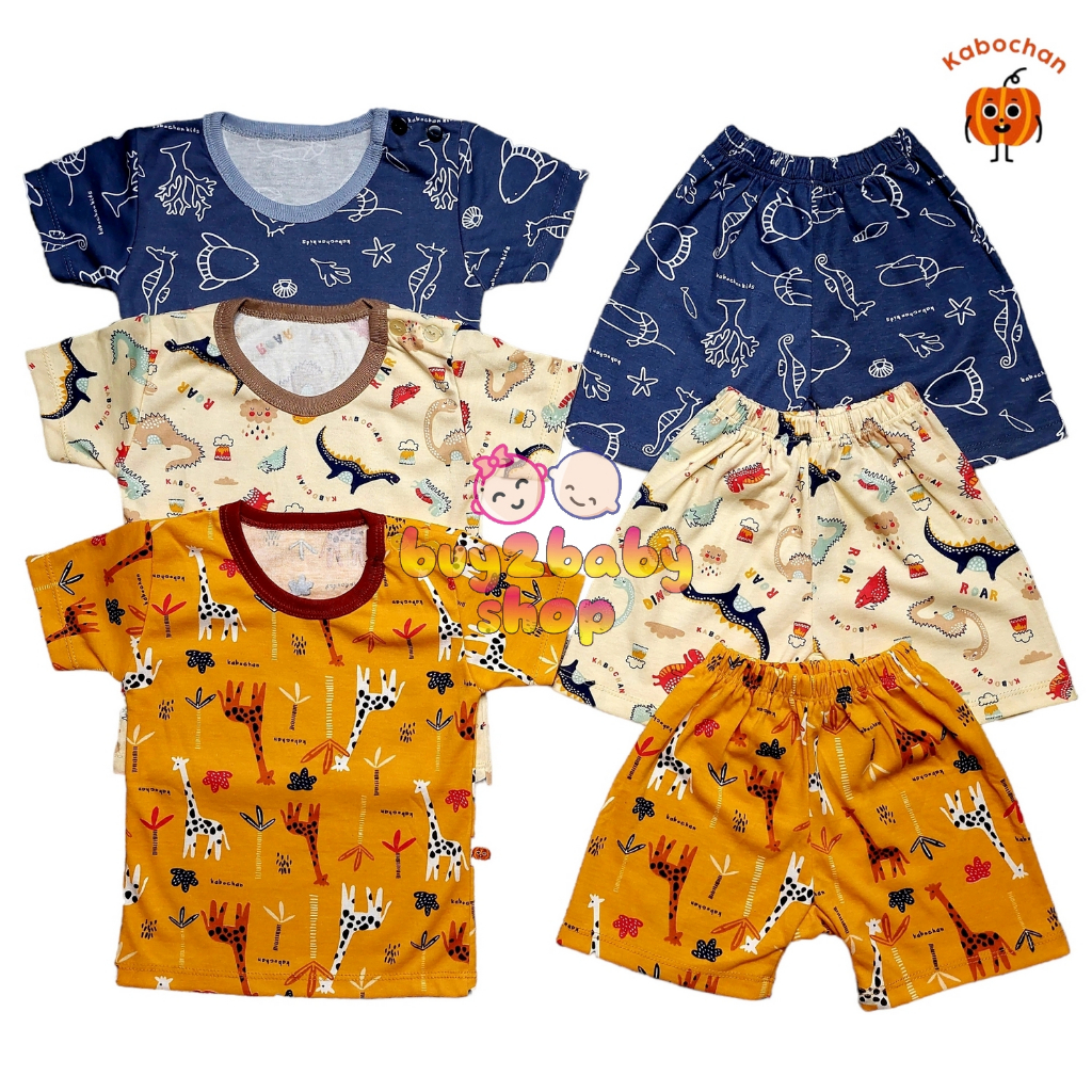 3 Setelan baju anak bayi kaos pendek celana pendek katun premium Kabochan Kid usia 0-3 Tahun isi 1-3 Setel
