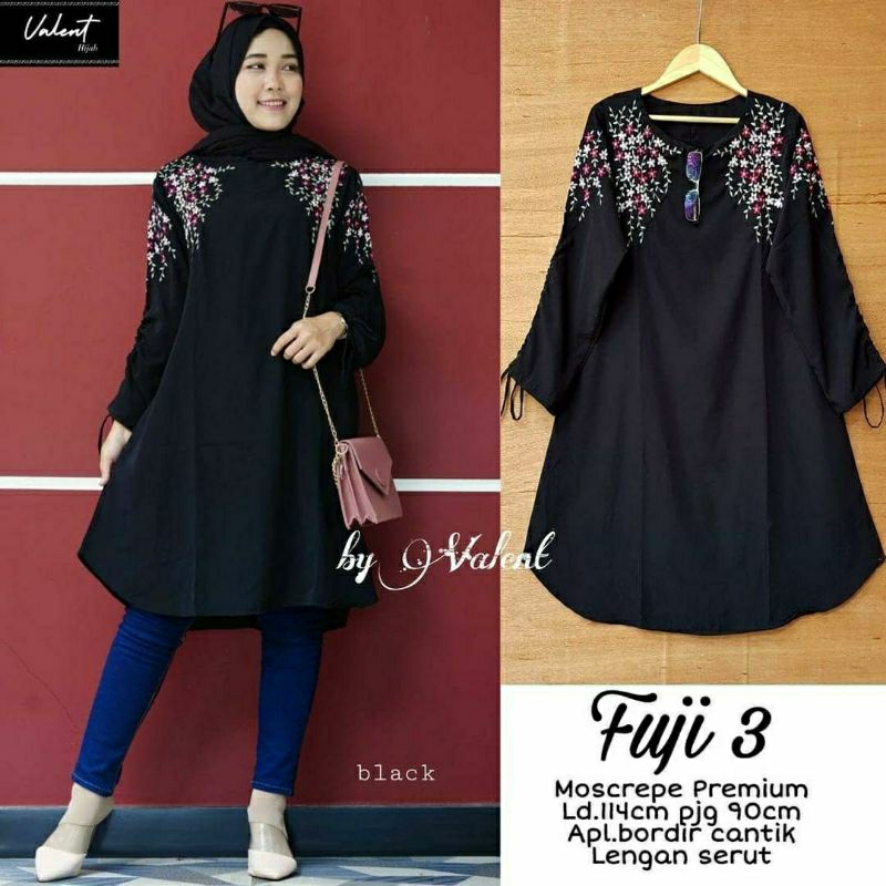 Fuji Tunik, TUNIK WANITA MUSLIM CANTIK FIT XXL LD 114 BAHAN MOSCREPE PREMIUM MIX BORDIR TERMURAH OOTD TERLARIS