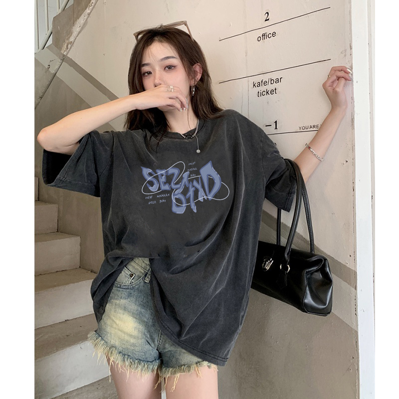 Kaos Vintage Hitam Atasan Wanita Lengan Pendek Oversize Printed T-shirt Baju Wanita Kekinian Korean Style/kaos pendek jumbo