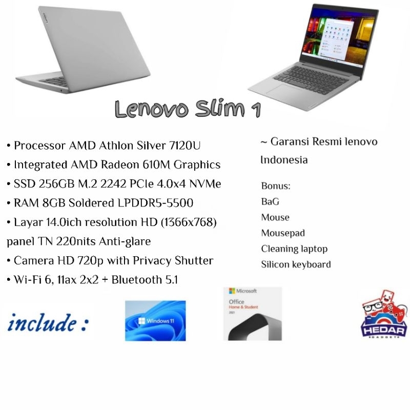 Lenovo IdeaPad Slim 1 AMD athlon 7120U 8GB 256GB 610M W11 OHS 14 HD