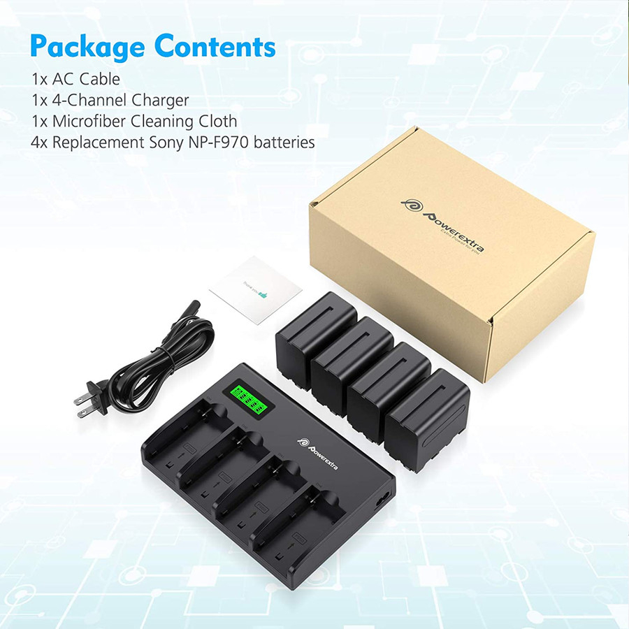 POWEREXTRA Battery Sony NP-F970 4-Pack with 4-Slot Smart Charger