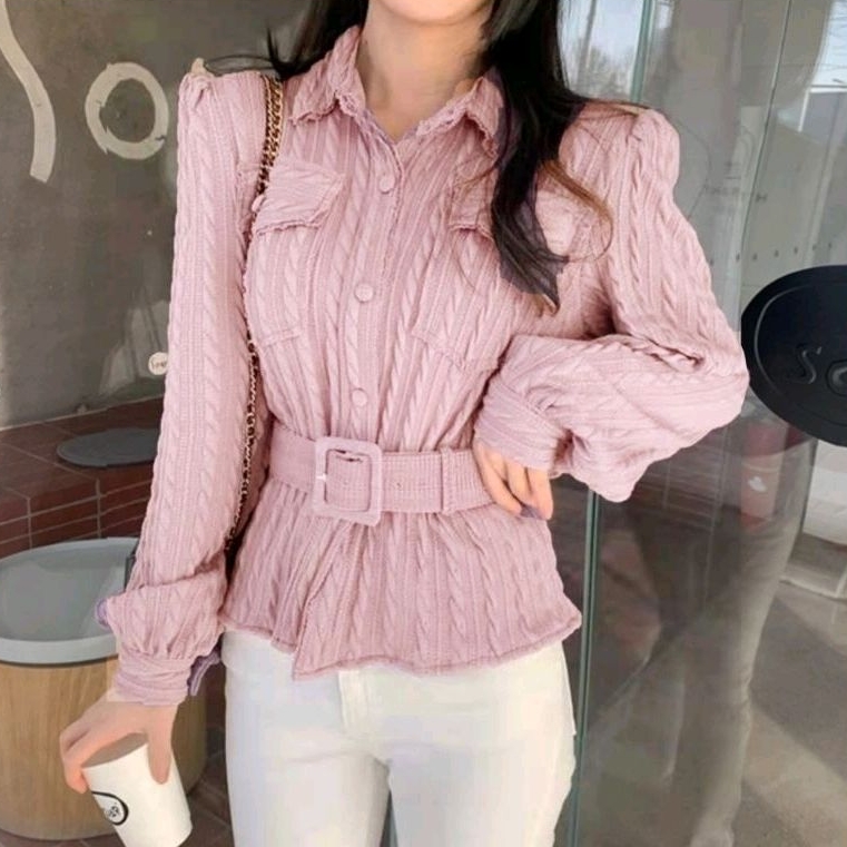 2300 (Dapat BELT) Baju atasan kemeja lengan panjang Korea Korean style hitam putih pink ungu polos w