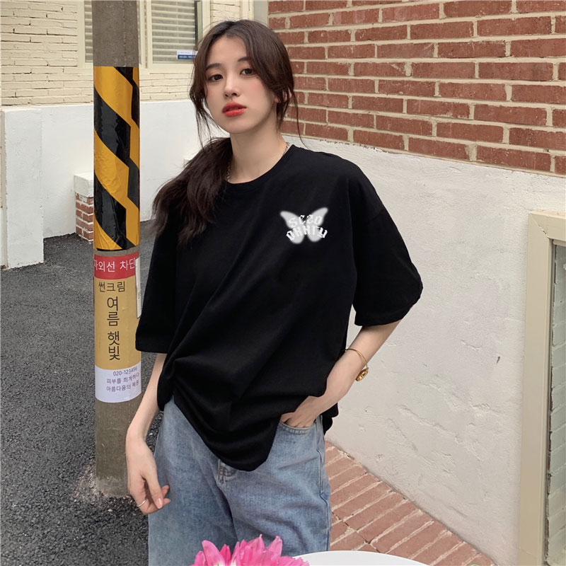 XiaoZhaiNv Kaos Atasan Oversize Wanita White Butterfly Pattern Lengan Pendek A0500