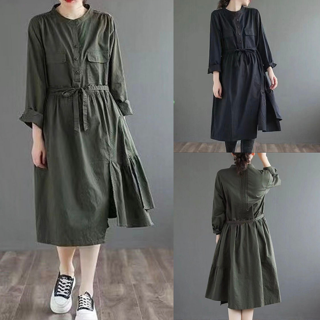 DRESS TUNIK KATUN POPLIN PREMIUM ASIMETRIS HIJAU ARMY HITAM KOREA IMPORT