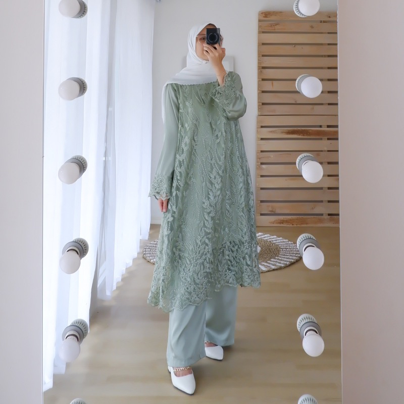 Lunna Set Armani Silk Tulle Bordir || Long Tunik + Celana || Armani Silk Original || Kondangan Set