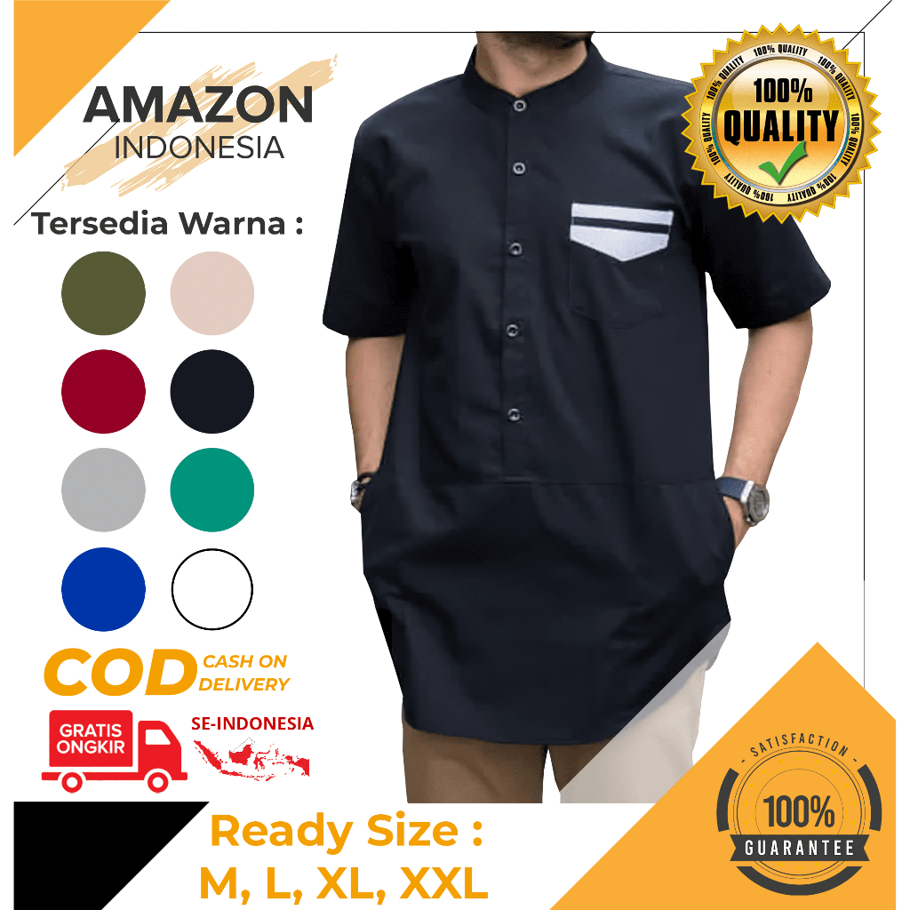 Baju Koko Kurta Dewasa Lengan Pendek Warna Hitam Material Catton Toyobo Adem Serap Keringat