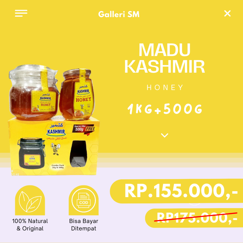 

Madu Kashmir 1 kg Bonus 500gram Madu Murni Combo Pack Original