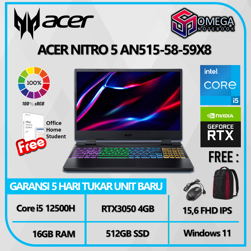 ACER Nitro 5 AN515 58 59X8 i5 12500H 16GB 512GB RTX3050 4GB 15,6 FHD 100% SRGB TGP95 Windows 11 + OHS