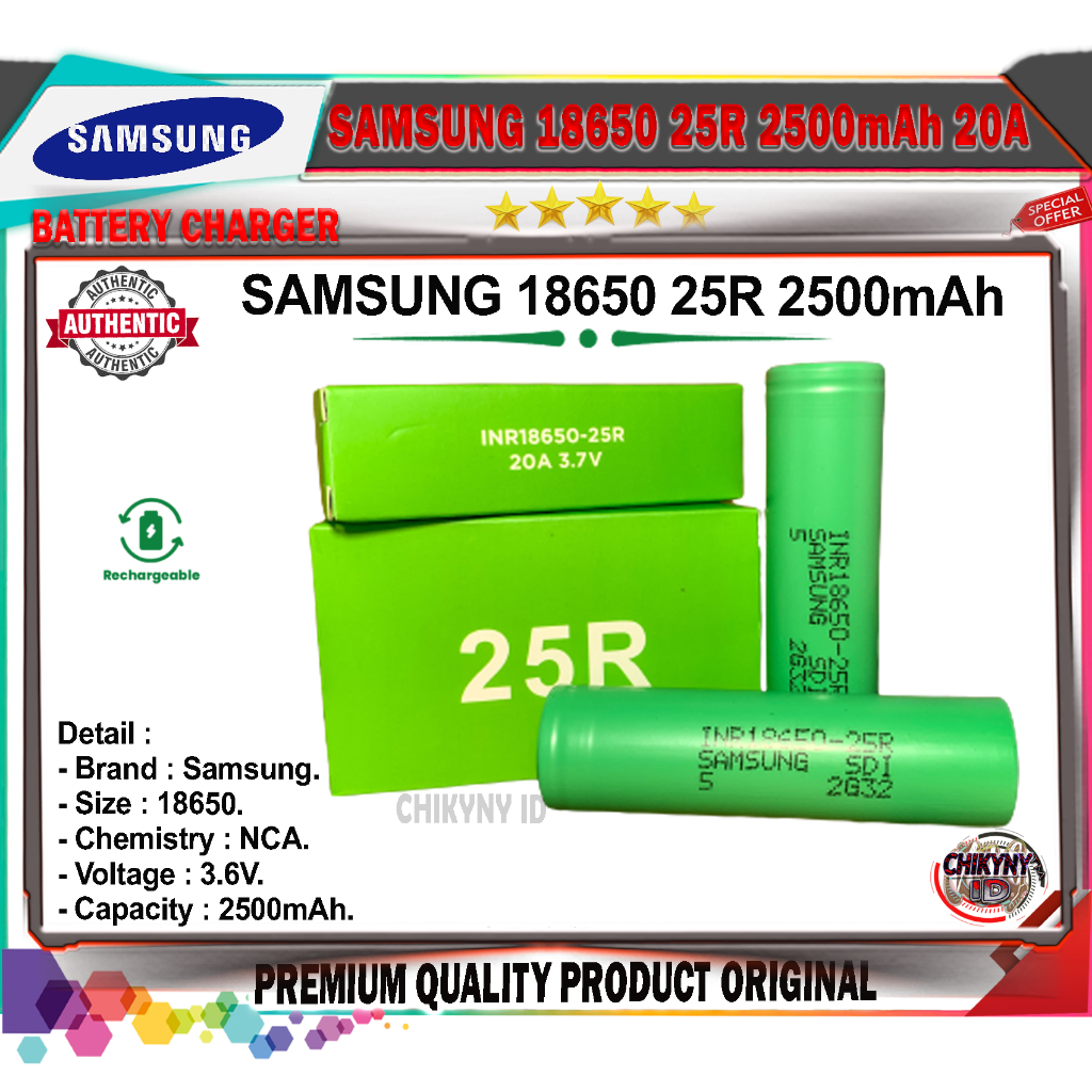 BATERAI SAMSUNG 18650 25R 2500mAh 20A ORIGINAL SAMSUNG