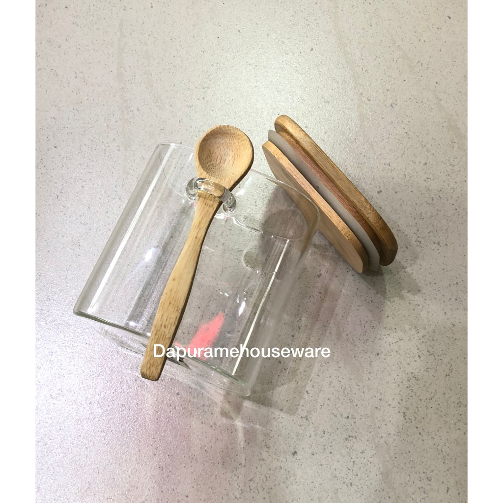 TOPLES KACA SEGI TUTUP KAYU + SENDOK / TOPLES GULA / TOPLES BUMBU CMU (1PCS)