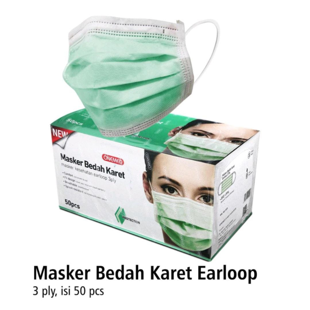 MASKER ONEMED BEDAH KARET MEDIS EARLOOP GREEN ISI 50PCS