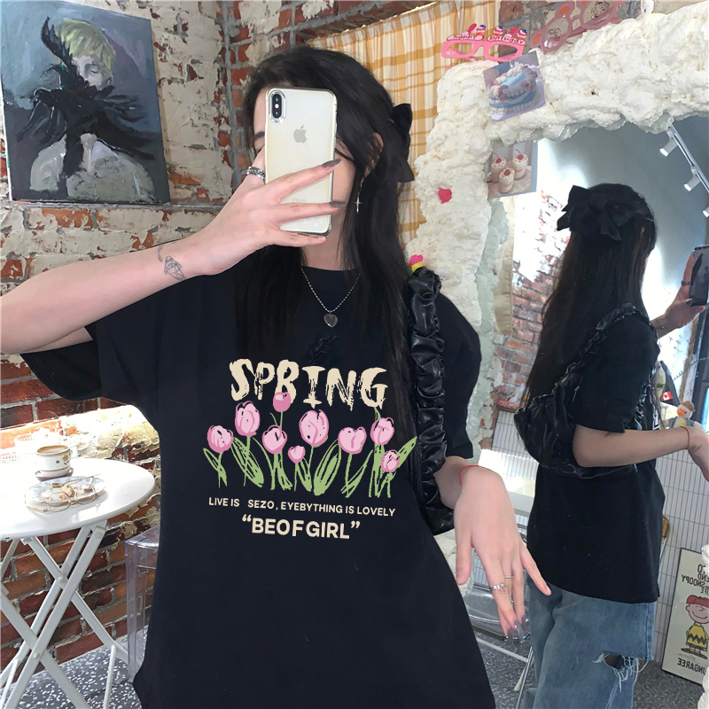 Flower Kaos Lengan Pendek Cream Atasan Wanita Oversize Printed T-shirt Kekinian Korean Style/