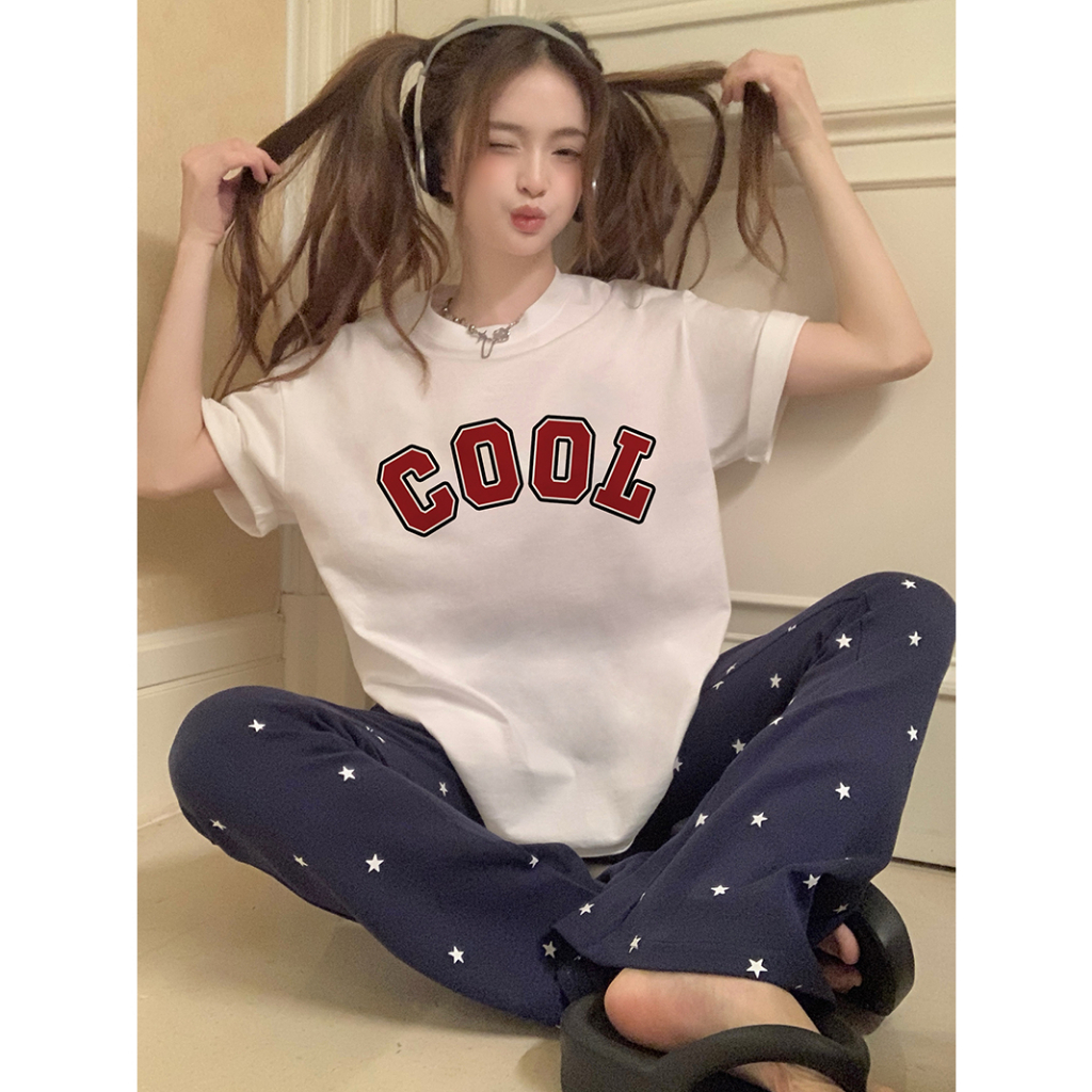 EUNII T-shirt Lengan Pendek Vintage Cool Girl Printing Korean Style/Kaos Atasan Wanita/Baju Wanita/Kaos Wanita