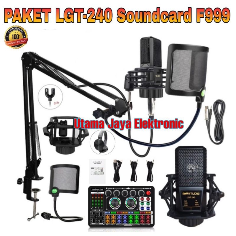 Paket Microphone LGT240 Soundcard F999 Stand Arm Pop Filter Paket Premium