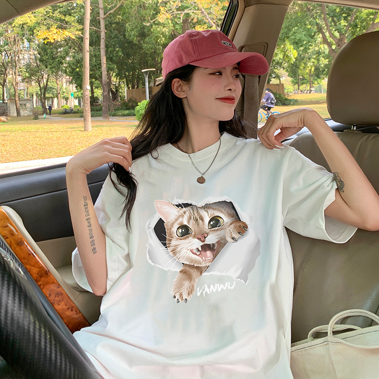 XiaoZhaiNv Kaos Atasan Oversize Wanita Broken Window Kitten Pattern Lengan Pendek A0514