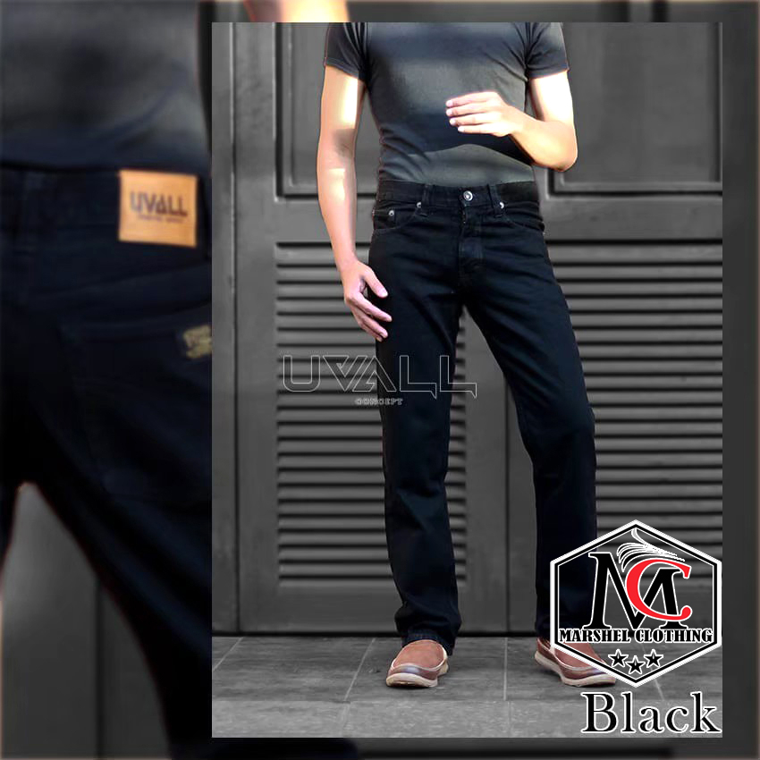 RCL - UVALL Best Seller Celana Jeans Pria Model Standar Lurus - Reguler Bahan Jeans Tebal - Celana Jeans Model Standar Regular Uvall Pria - Coklat Cream Biru Navy Hitam (28-38)