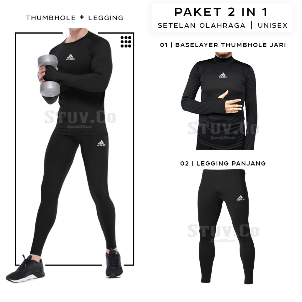 PAKET 2IN1 MANSET BASELAYER THUMBHOLE DAN LEGGING PANJANG OLAHRAGA UNISEX