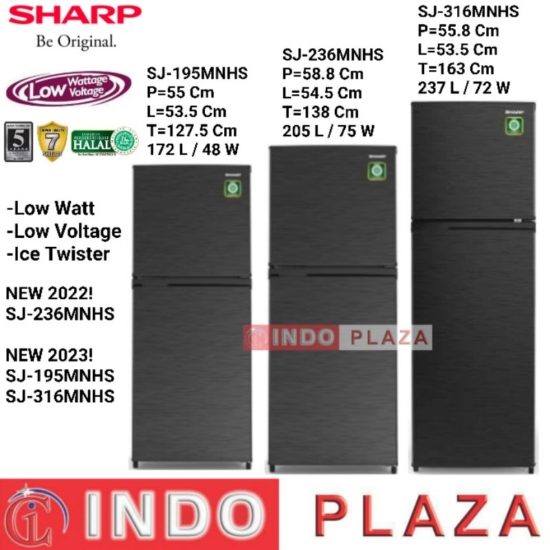 KULKAS SHARP 2 Pintu LOW WATT SJ-195MNHS / 236MNHS / 316MNHS