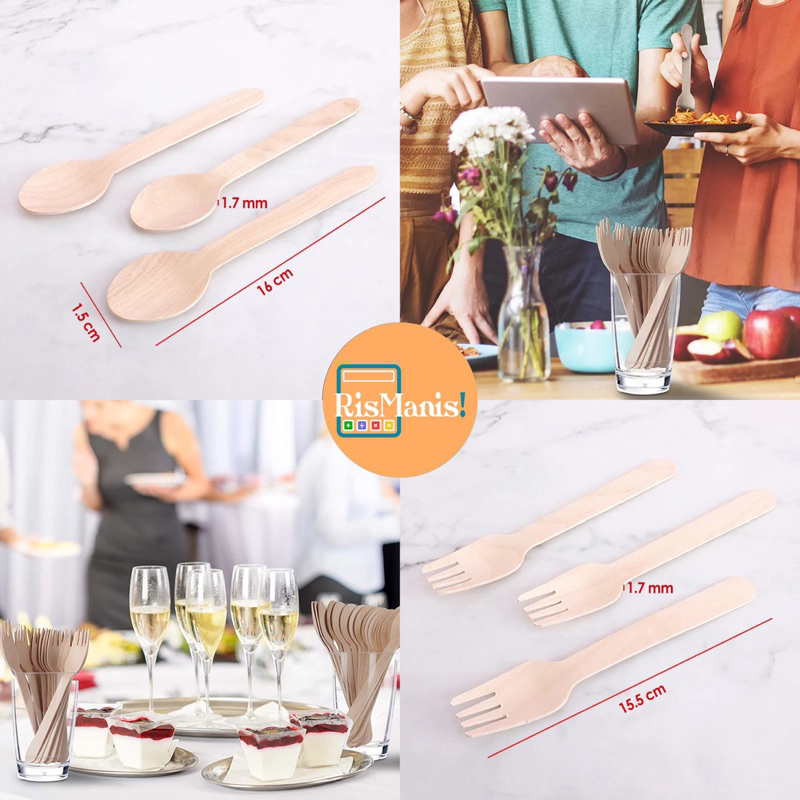 ECO-FRIENDLY WOODEN SPOON &amp; FORK SET - 1 Set Alat Makan Peralatan Sendok Garpu Kemasan Segel Seal Higienis Bahan Kayu Birch Tekstur Halus Kualitas Food Grade Ramah Lingkungan Praktis Sekali Pakai