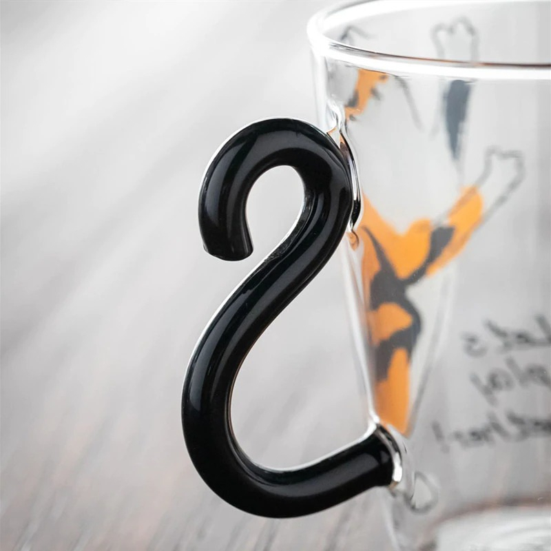 Meow Cangkir Kopi Kucing Glass Coffee Mug Tail Cute Cat Handle 250 ml - Orange / Black gelas kaca lucu bentuk kucing orange