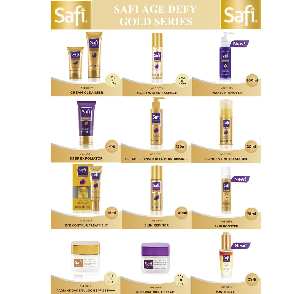 SAFI Age Defy | Cream Cleanser | Deep Exfoliator | Deep Moisturizer | Skin Refiner | Gold Water Essence | Youth Elixir | Concentrated Serum | Day Cream | Night Cream | Eye Contour Treatment | Skin Booster