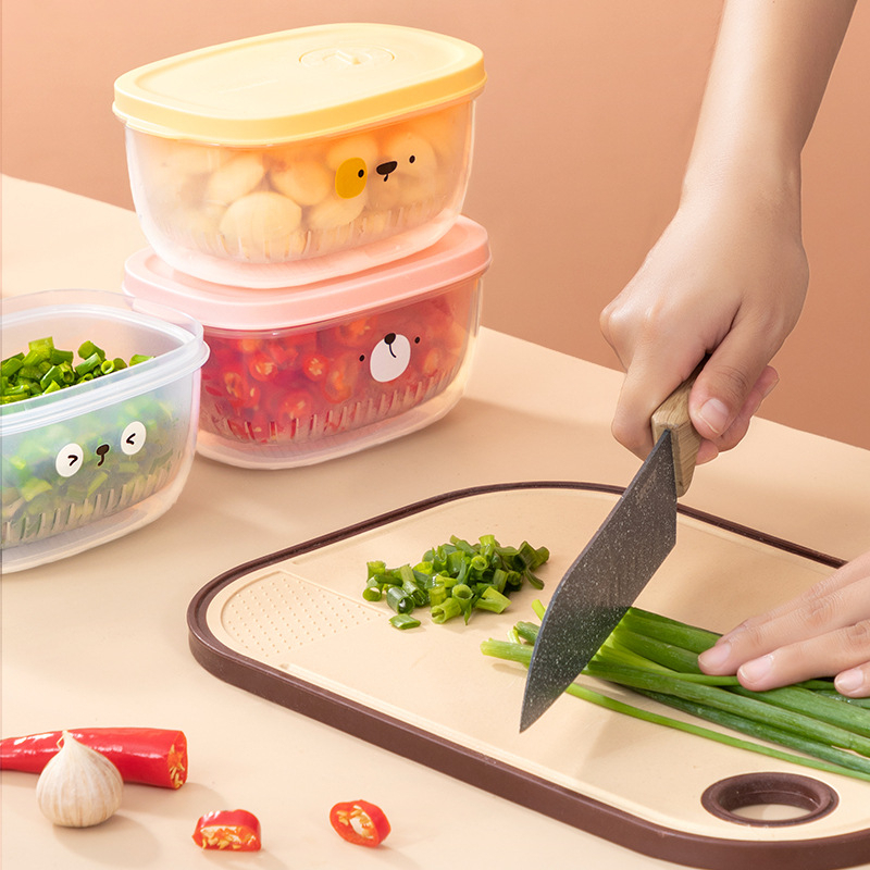 Tepak Kotak penyimpan kulkas Lucu karakter makan kecil segar daun bawang kotak penyimpanan wadah air lauk kulkas dapur kotak freezer tertutup kotak makanan bawang merah kotak penyimpan segar peniris dengan saringan kotak bundar tiris wadah dapur microwave