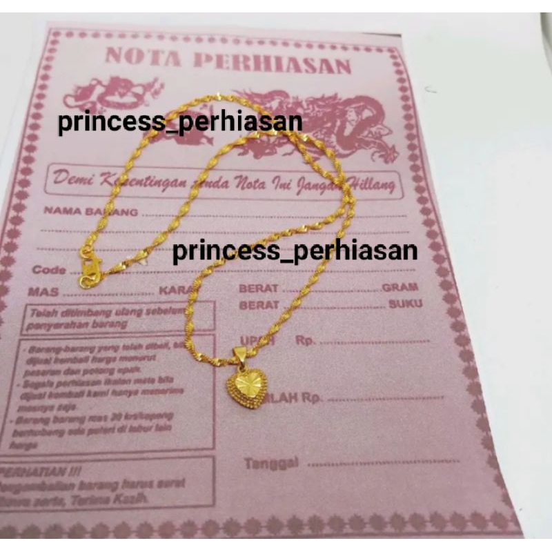 kalung wanita melintir love SN import lapis emas asli kadar 88,9 anti luntur anti karat, kalung wani