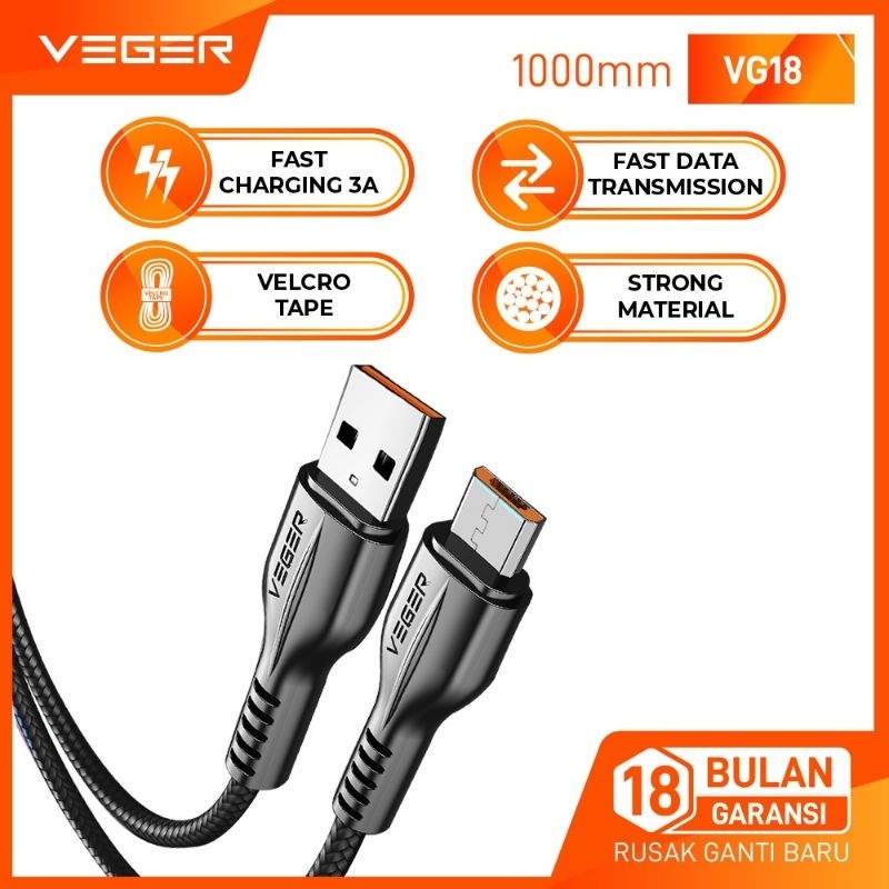 ✅BEST SALLER VEGER Kabel Data Cable VG-18 USB MICRO 3.0 Fast charging ( 1M / 100cm / 1000mm ) VG18 MICRO