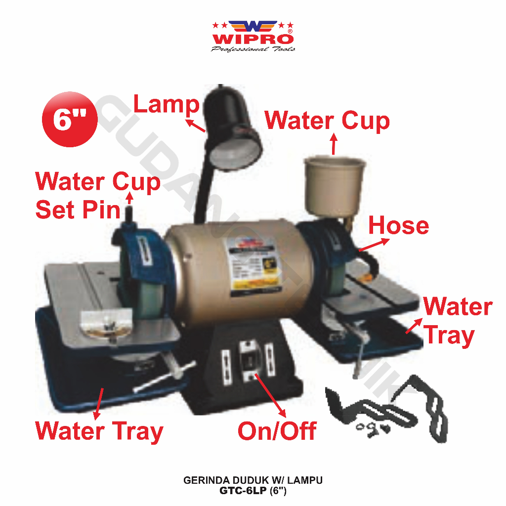 Mesin Gerinda Duduk 6&quot; WIPRO GTC-6LP / Bench Grinder 6 Inch WIPRO GTC6LP - Gerinda Duduk With Lampu 370W GTC 6LP