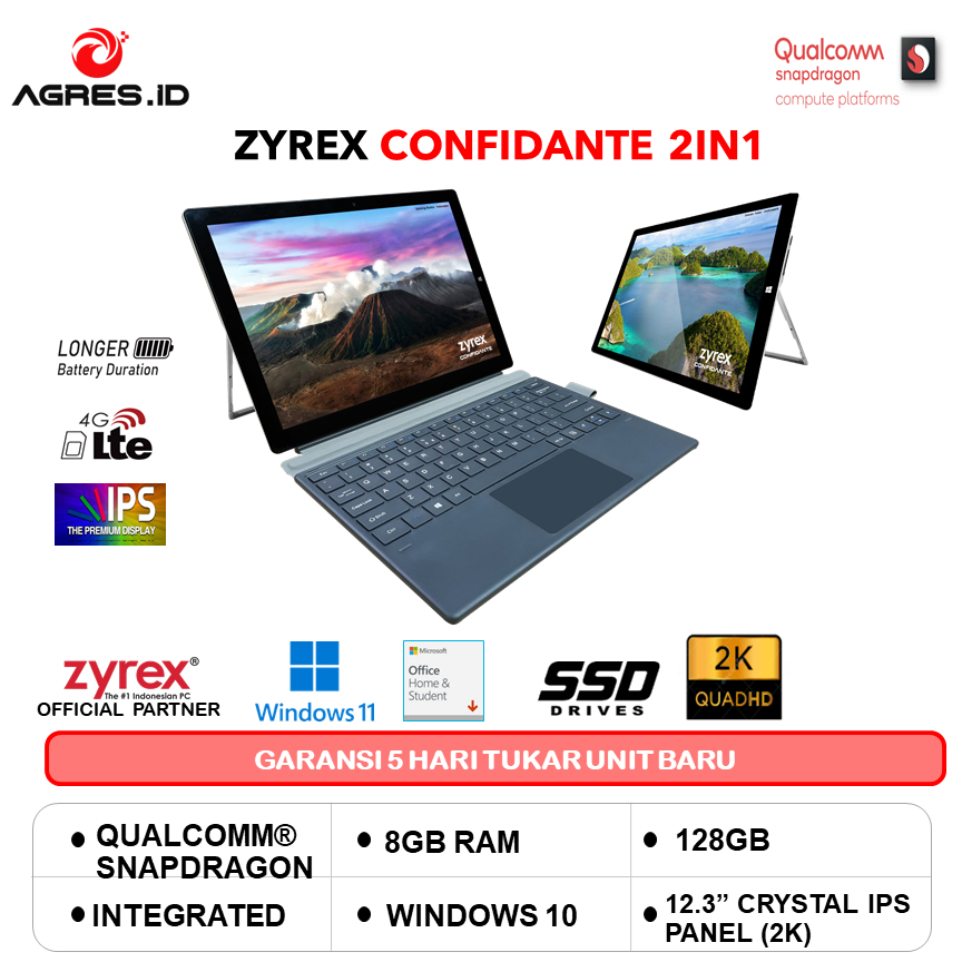 ZYREX CONFIDANTE TOUCH QUALCOMM SNAPDRAGON 850 8CORE 8GB 128GB W10+OHS PERMANEN 12.3 2K BT 4G LTE 2I