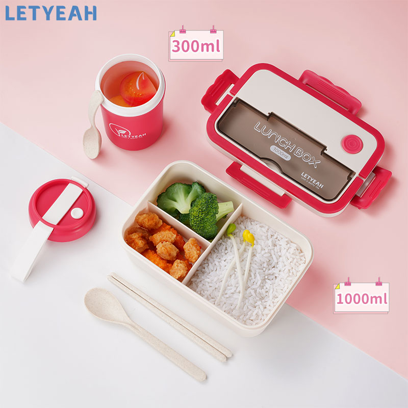 letyeah Lunch box set/1000ml wadah bekal bento bontot makan/tas bekal/mangkuk sup portabel/BPA free