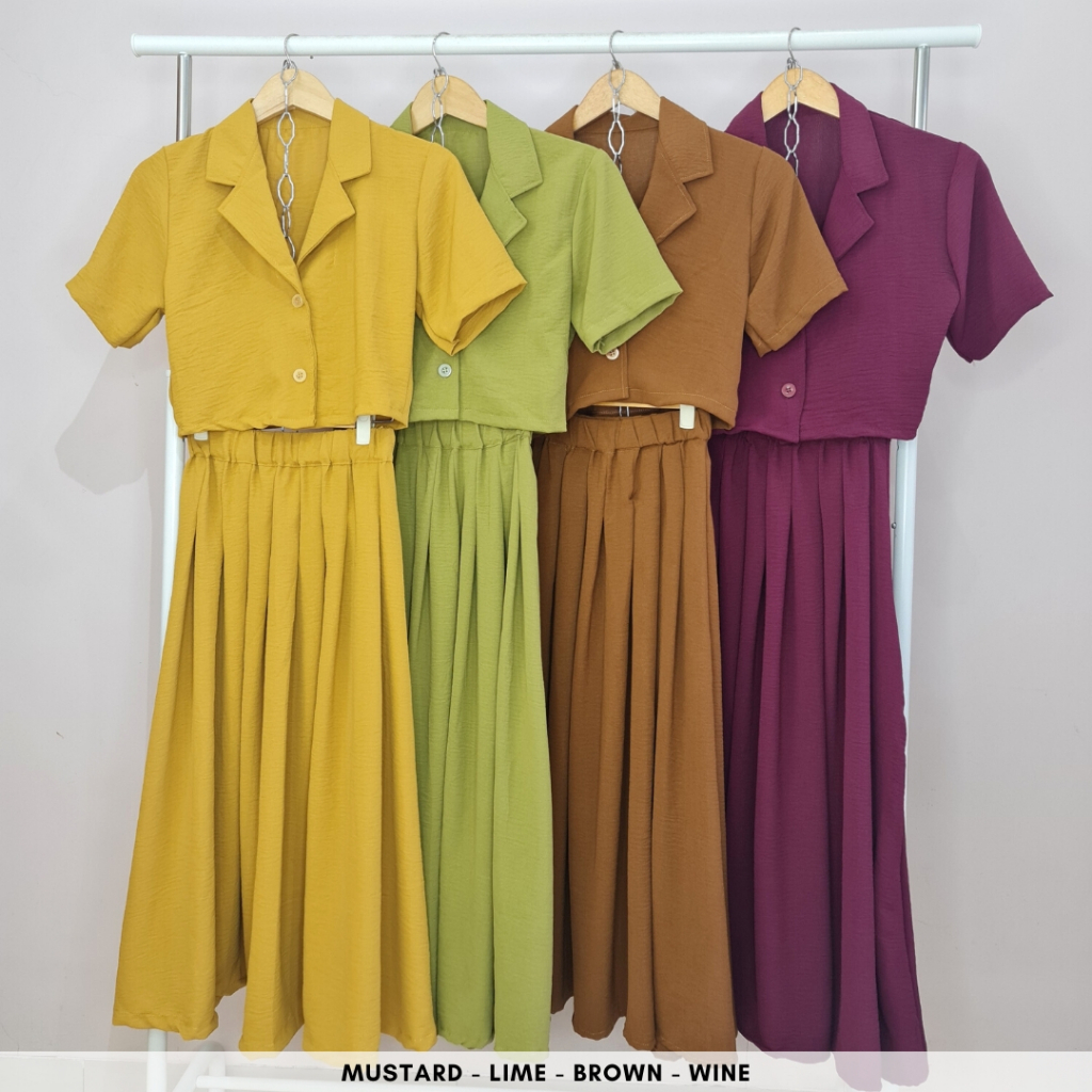 4569 madieca button collar crinkle airflow long skirt one set rok