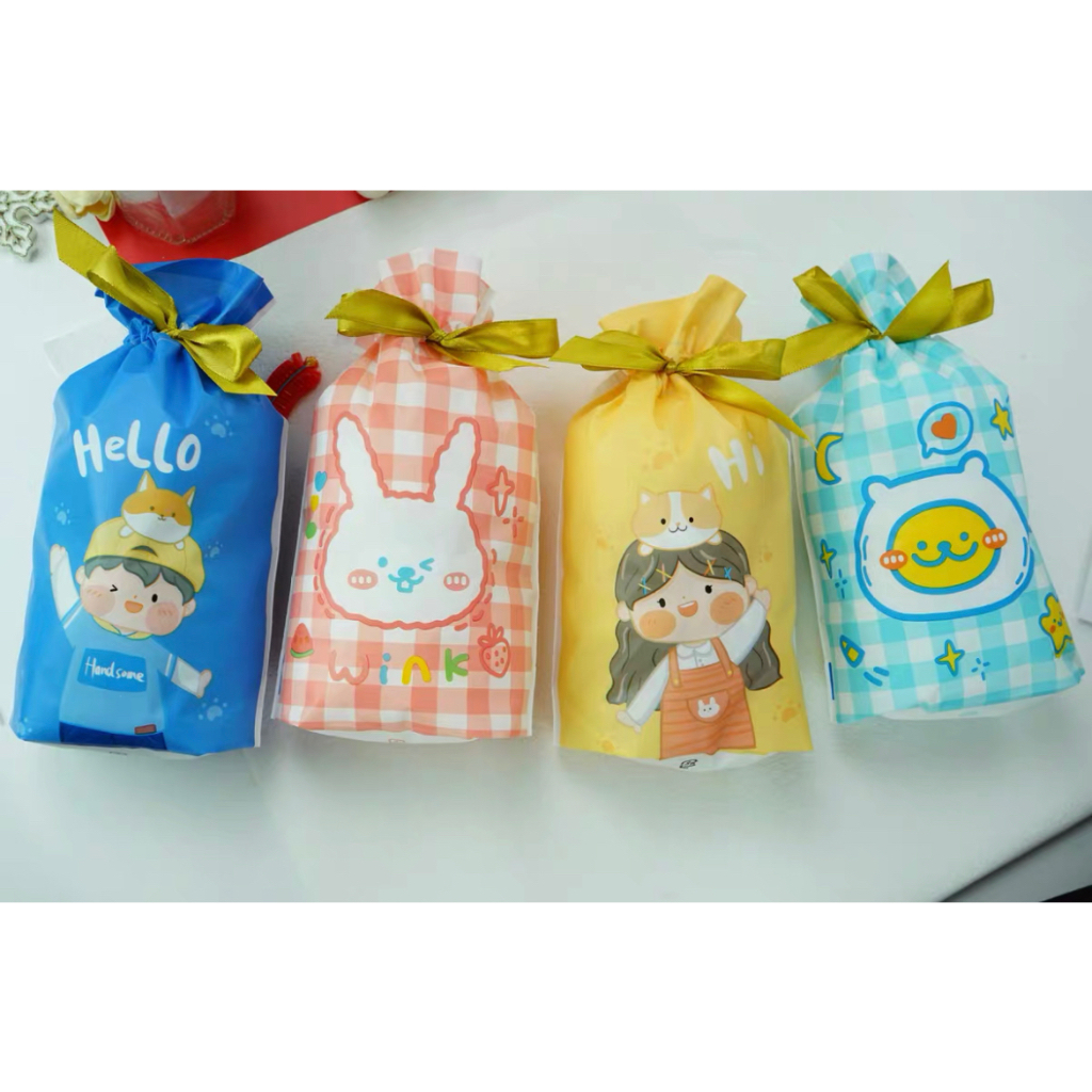 5 pcs DSM Kantong serut Drawstring Bag Plastik hadiah cookies permen kue goodie bag souvenir