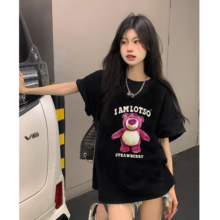 kaos hitam oversize wanita korean style lengan pendek cartoon strawberry bear motif printed kaos couple