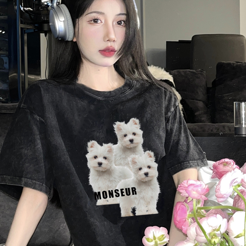 Print Washed T-shirt Kaos Lengan Pendek Oversize Cartoon Family Dog Women Korean Style Atasan Wanita